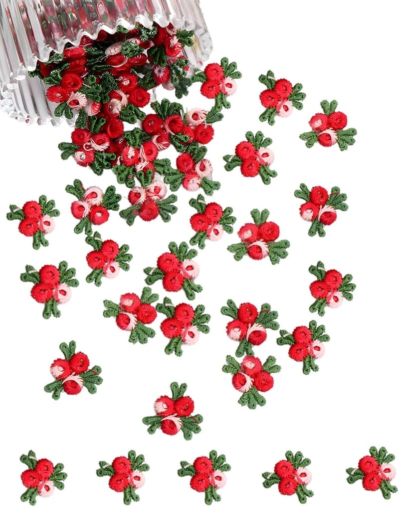 MSCFTFB 140 Pieces Mini Flower Patches for Clothes,Rose Lace Applique,Fabric Embroidery Patches Applique for Dress Jean Hat Backpack Headband Embellishment (Red) - Image 1